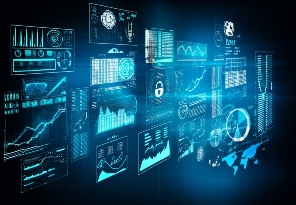 Illustration of a futuristic forex trading platform with AI elements showing secure transactions and fast data analysis