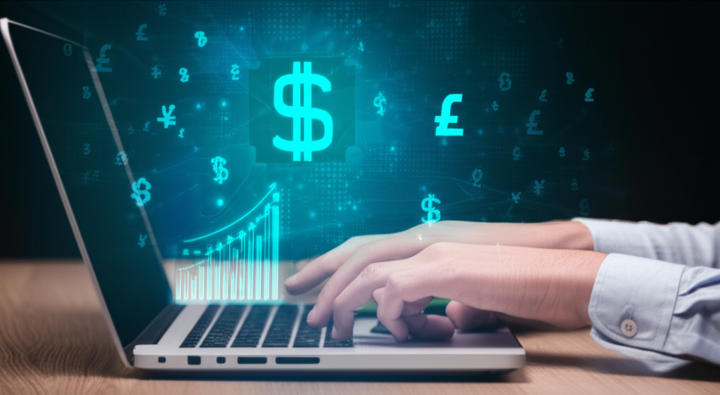 A Thai person trading forex on a laptop with global currency symbols in the background an illustration
