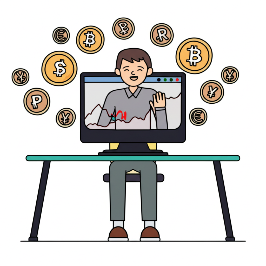 An illustration of a Thai person happily trading forex on a computer screen surrounded by digital currency symbols and charts