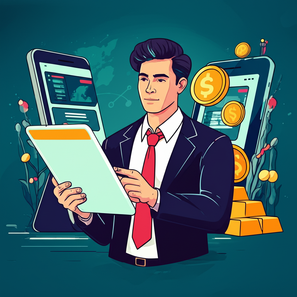 An illustration of a confident Thai trader choosing a forex broker on a tablet with future 2025 elements and gold symbols