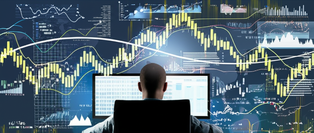 A trader looking at a screen with charts surrounded by abstract representations of global forex market growth and profit opportunities illustration