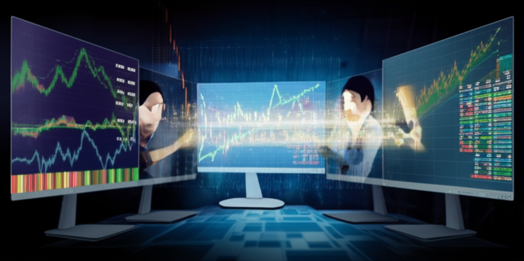Thai traders new and experienced navigating a vibrant digital forex market with multiple charts illustration