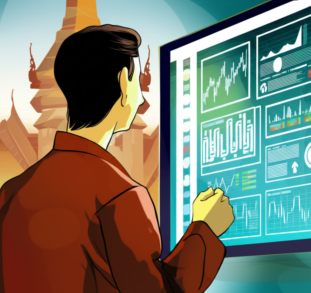 Thai trader viewing dynamic currency charts and news headlines on screen