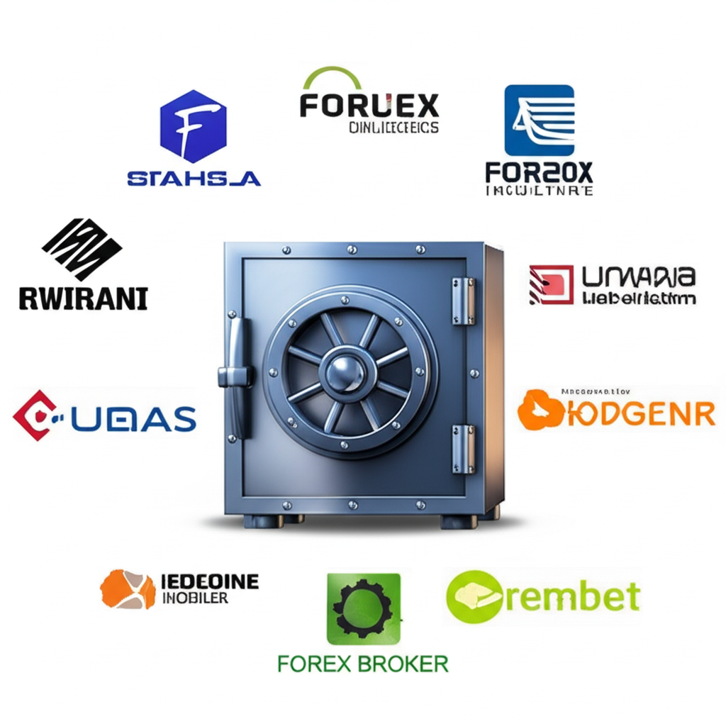 Illustration of various reputable forex broker logos surrounding a secure vault representing safety and trust for investors