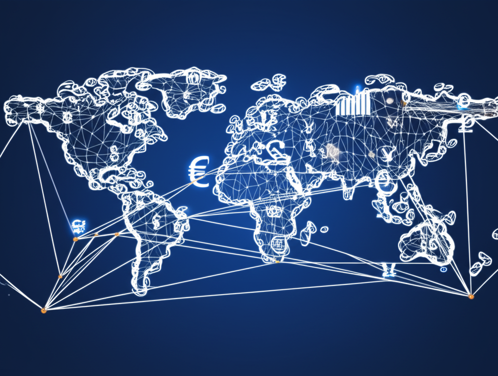 ภาพประกอบเครือข่ายโลกกับสัญลักษณ์การเงินและการแลกเปลี่ยนธุรกิจที่แสดงแนวคิดของ Trading