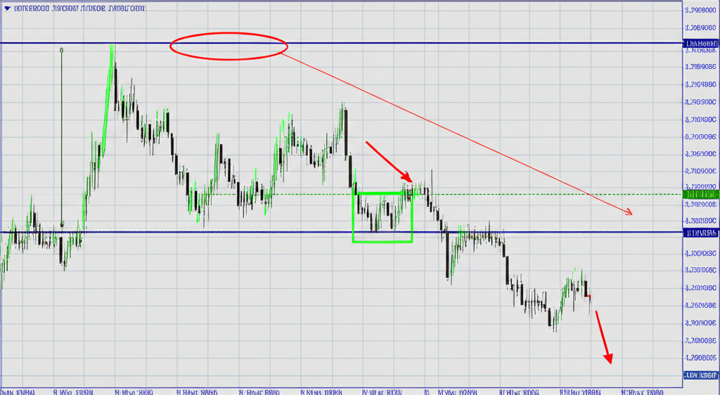 ภาพประกอบรูปแบบการกลับตัวที่แนวโน้มขาขึ้นเปลี่ยนเป็นขาลงบนกราฟ Forex ด้วยลูกศรและจิตวิทยาตลาด