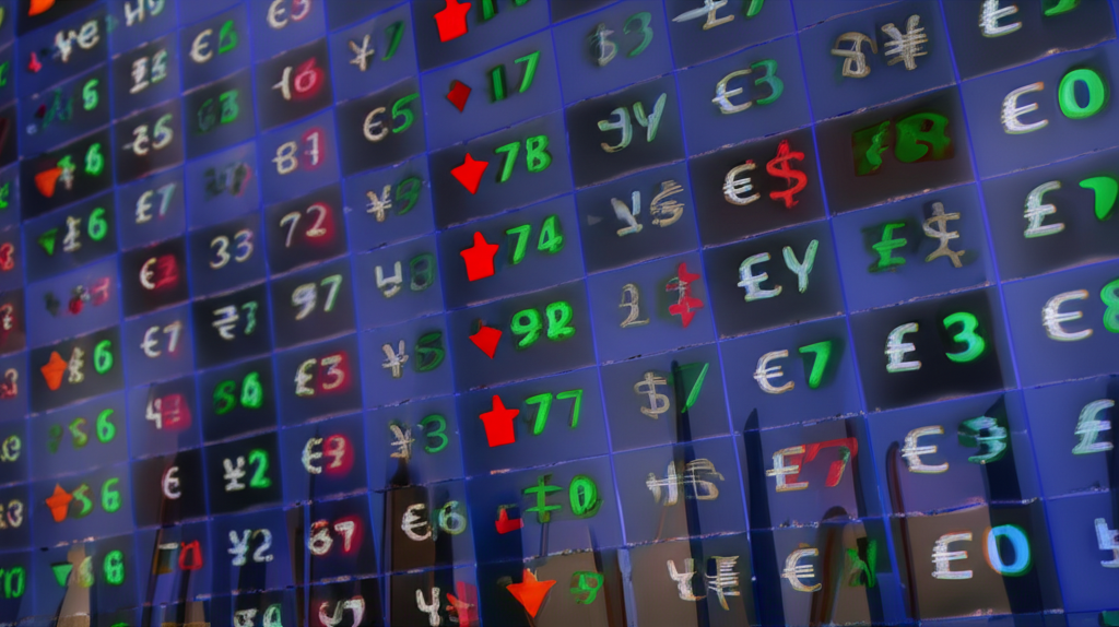 ภาพประกอบอัตราซื้อขายสกุลเงินบนกระดานตลาดที่เคลื่อนไหว พร้อมสัญลักษณ์เงินตรา