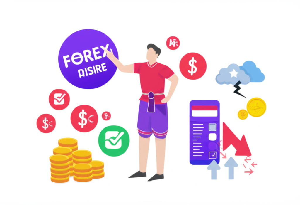 นักเทรดชาวไทยกำลังเลือกโบรกเกอร์ Forex อย่างระมัดระวัง หลีกเลี่ยงกับดัก พร้อมสัญลักษณ์แสดงความเสี่ยงและผลกำไร