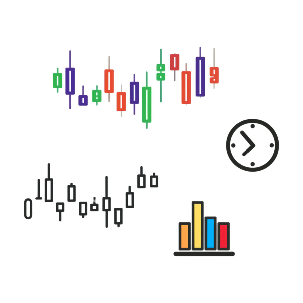 ภาพประกอบประเภทกราฟทางการเงิน เช่น แท่งเทียน เส้น และแท่ง พร้อมไอคอนนาฬิกาสำหรับกรอบเวลา