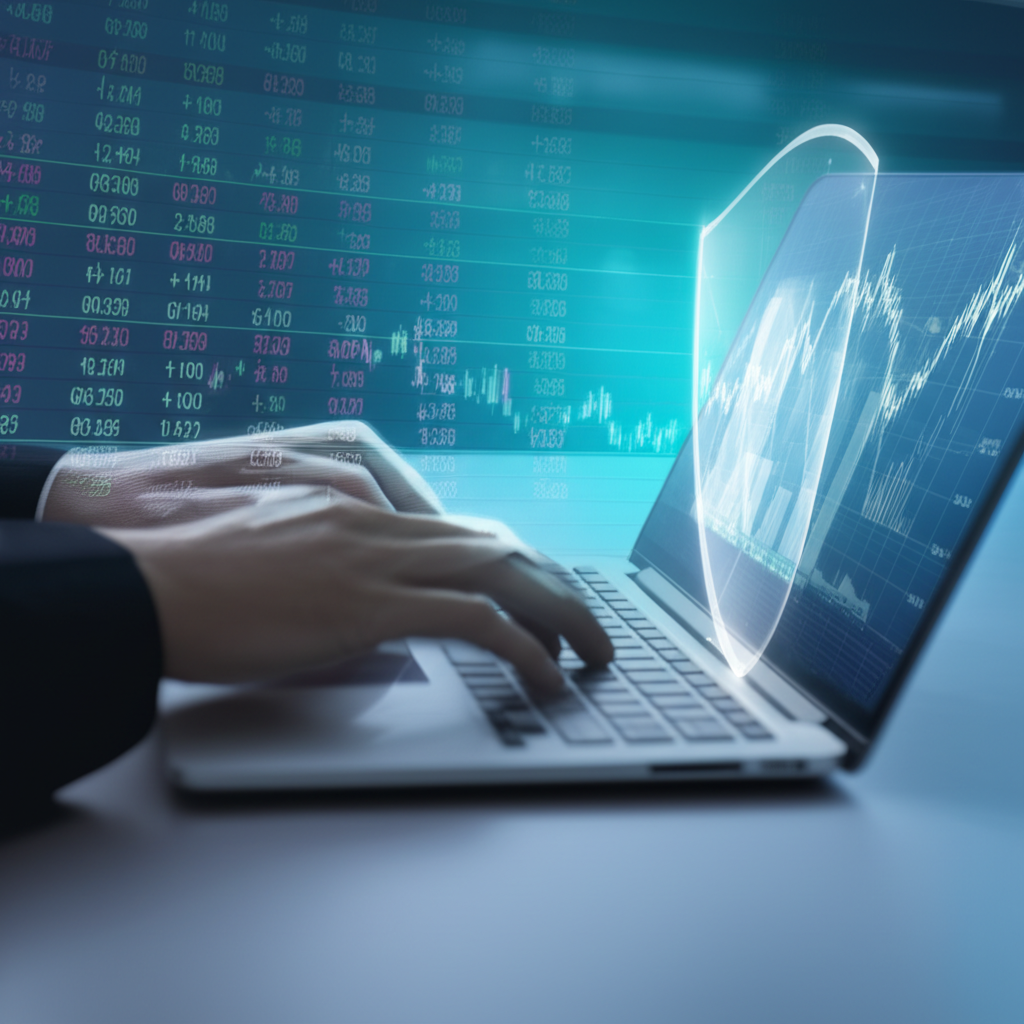 ภาพคนกำลังศึกษากราฟ Forex บนแล็ปท็อปพร้อมโล่ป้องกัน