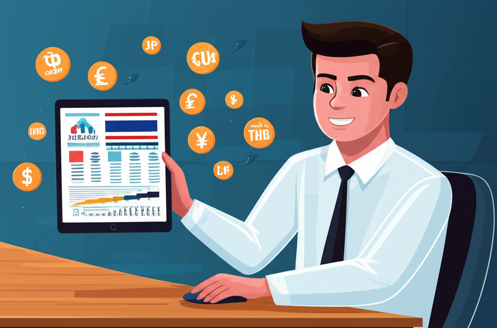 Thai trader selecting forex broker on tablet with currency symbols and charts