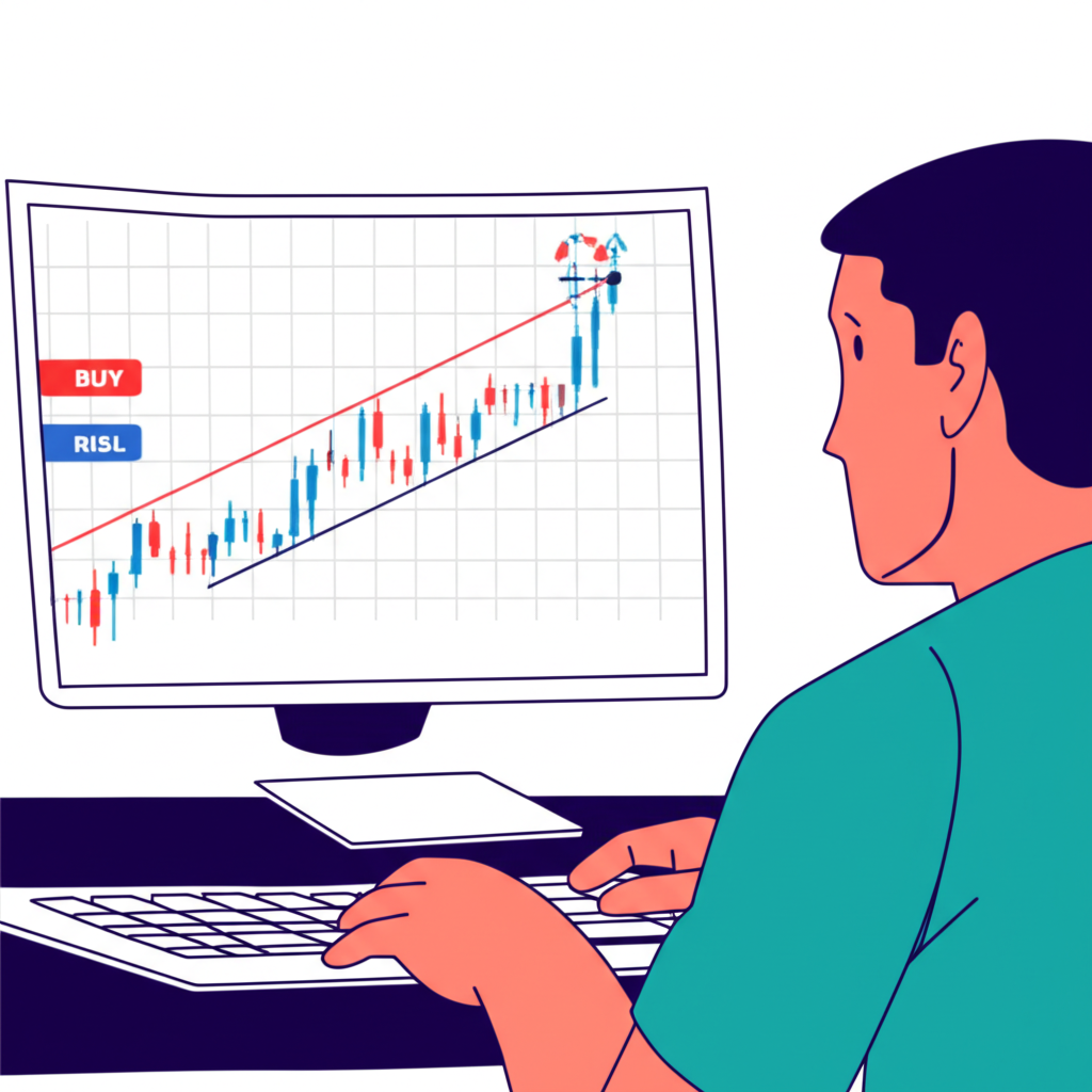 ภาพประกอบเทรดเดอร์วิเคราะห์กราฟ Forex กับรูปแบบต่างๆ ที่แสดงการเคลื่อนไหวของราคาและสัญญาณสำหรับกำไรและลดความเสี่ยง