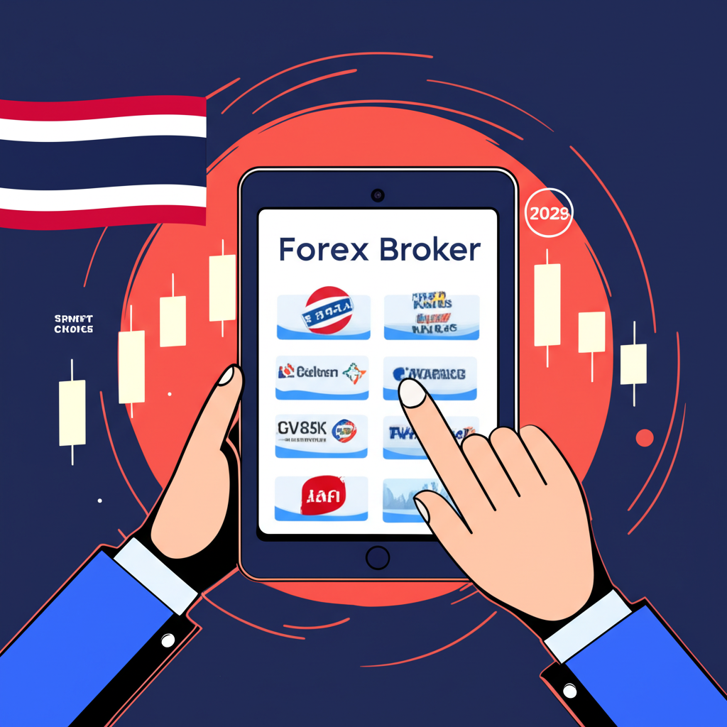 มือถือแท็บเล็ตเปรียบเทียบโบรกเกอร์ Forex ต่างๆ พร้อมธงชาติไทย แสดงถึงการตัดสินใจอย่างชาญฉลาดในตลาดปี 2025