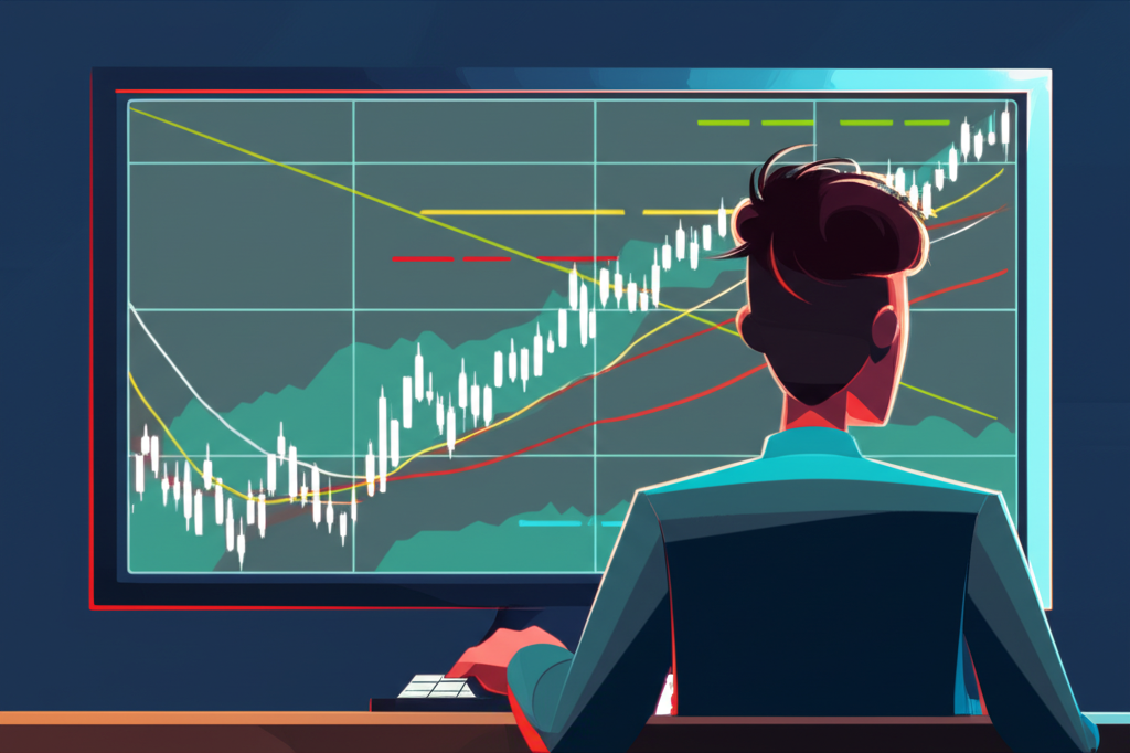 Illustration of a trader looking at a screen with charts showing price and indicator lines moving in opposite directions symbolizing market divergence and opportunity