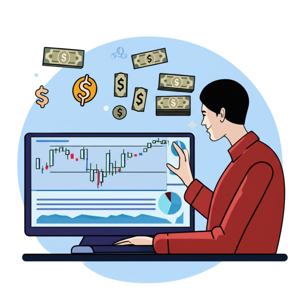 Thai trader analyzing forex chart with opportunities and challenges