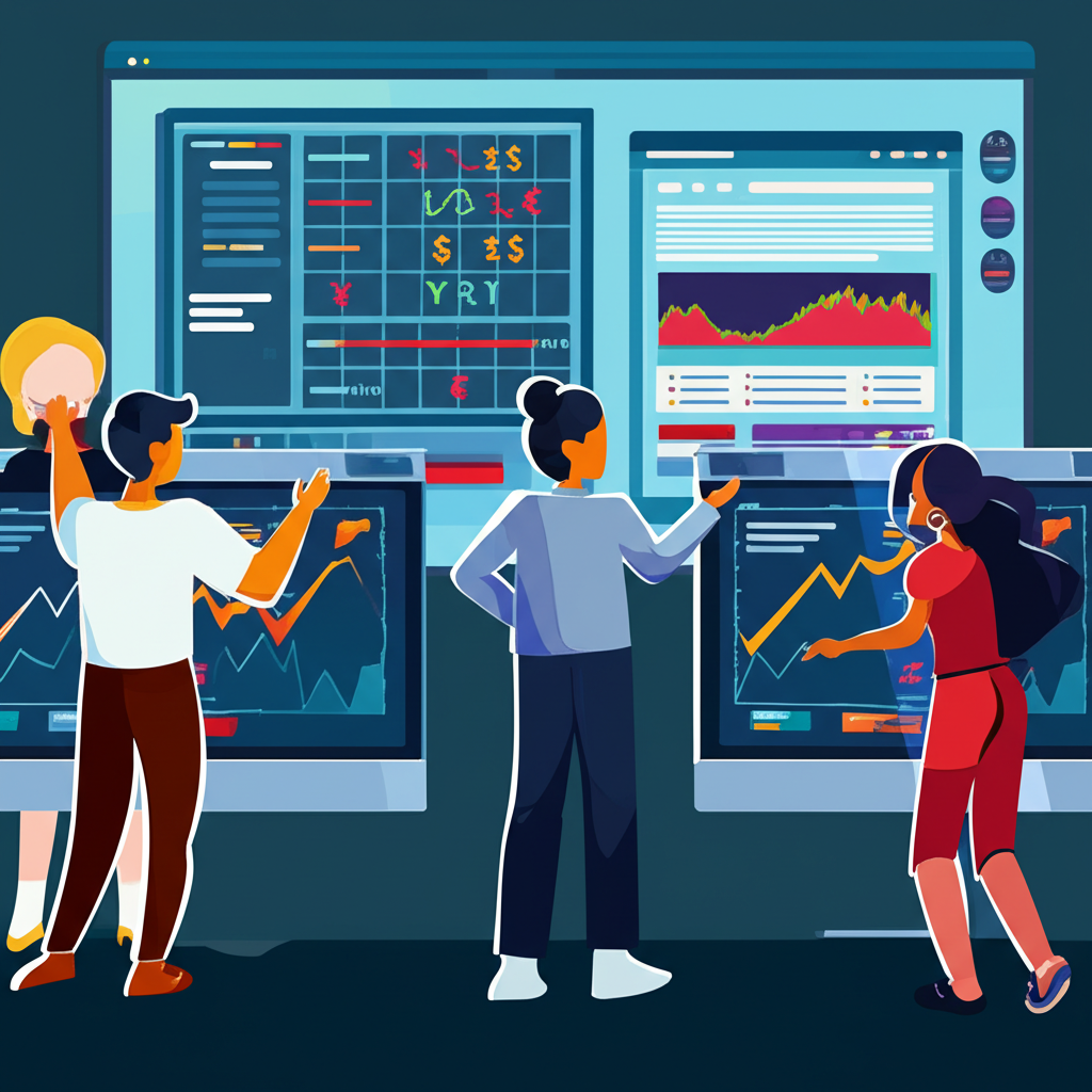 ภาพประกอบผู้คนหลากหลายเทรดสกุลเงินทั่วโลกบนหน้าจอพร้อมกราฟกำไร คู่มือสำหรับมือใหม่เทรด Forex ในไทย