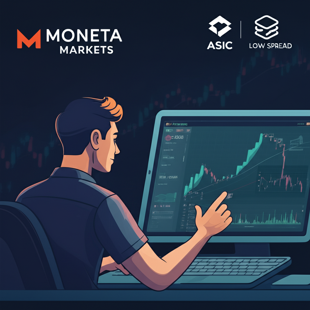 ภาพประกอบโลโก้ Moneta Markets พร้อมสัญลักษณ์ FCA และ CySEC เทรดเดอร์ไทยใช้ TradingView บนแท็บเล็ตกับสเปรดต่ำ