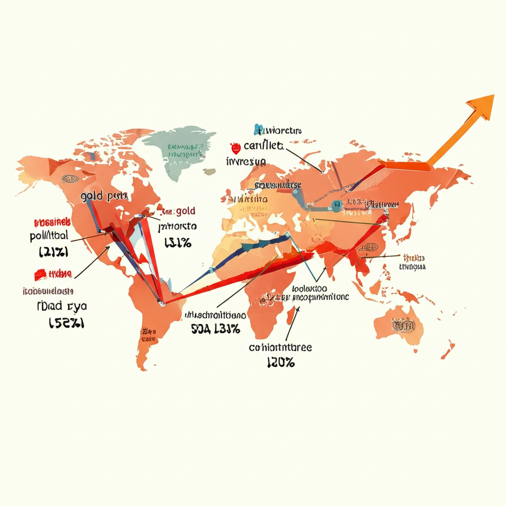 Illustration of a world map with geopolitical events influencing a gold price chart and investor sentiment
