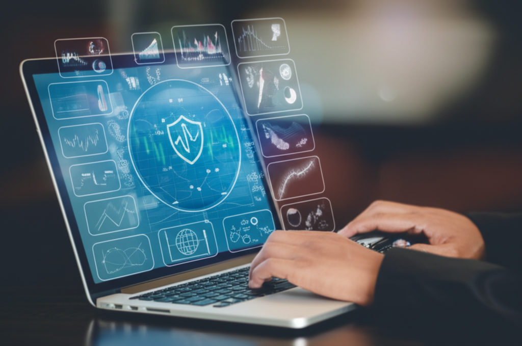 illustration Thai trader researching forex brokers on laptop global regulations security safe investment