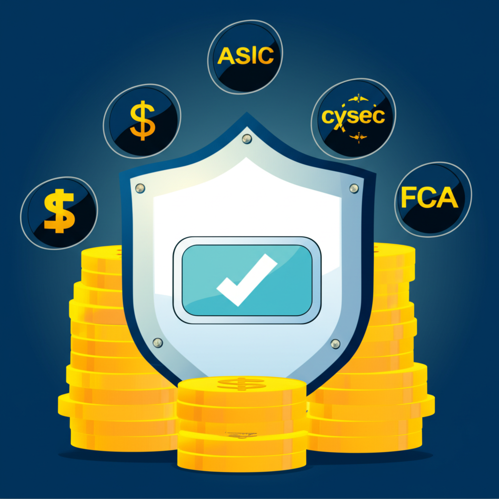 ภาพประกอบการปกป้องโบรกเกอร์ Forex ที่ปลอดภัยด้วยโล่และโลโก้หน่วยงานกำกับดูแลนานาชาติ เช่น ASIC CySEC FCA ที่ปกป้องเงินทุน