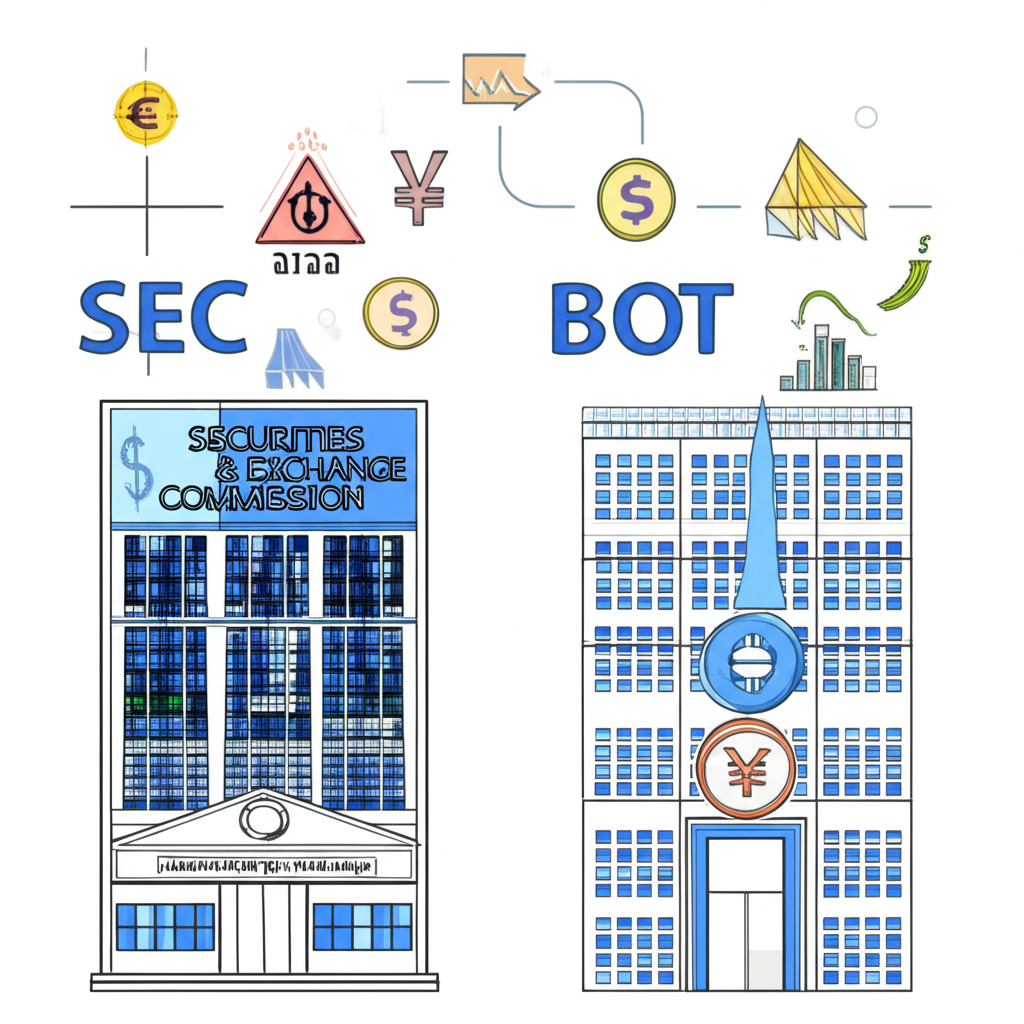 ภาพประกอบอาคารหน่วยงานรัฐสองแห่งแทน กลต. และ ธปท. พร้อมสัญลักษณ์ทางการเงิน