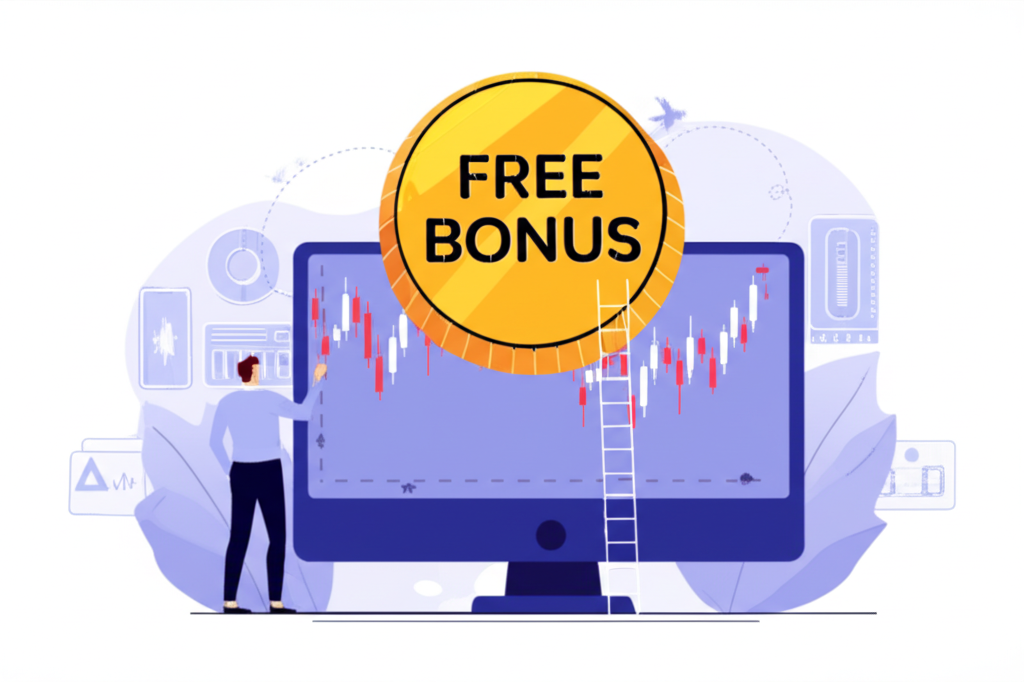 Illustration of a Thai trader viewing forex charts on a computer with a large free bonus coin floating above