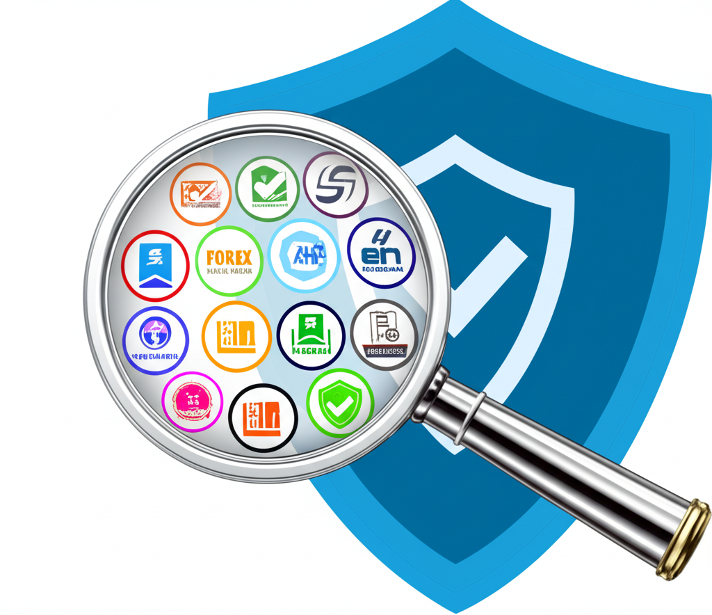An illustration of a magnifying glass examining various reliable forex broker icons with a shield symbol