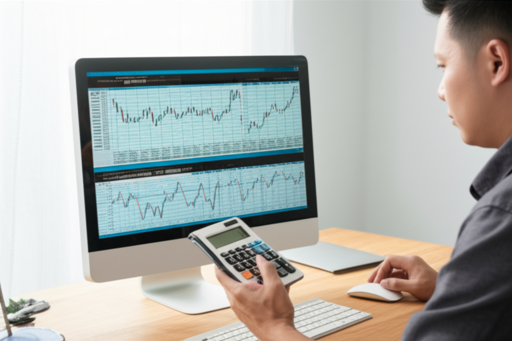 Thai trader using a forex calculator on a computer screen managing risk and making smart decisions illustration
