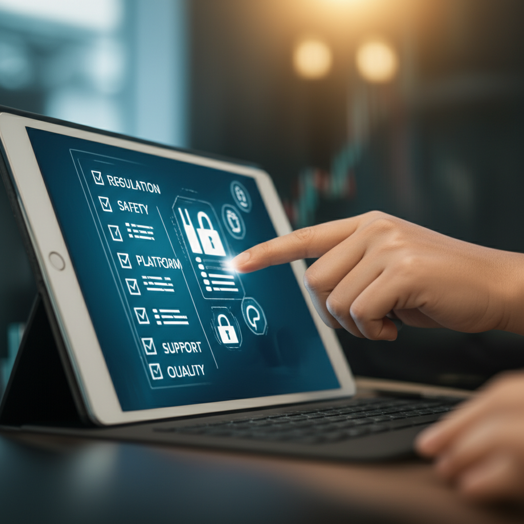 illustration of a person carefully selecting a forex broker using a checklist with icons for regulation safety platform support