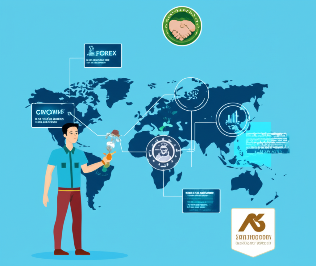 Illustration of a Thai trader confidently trading Forex on a world map with stable charts and a reliable broker icon