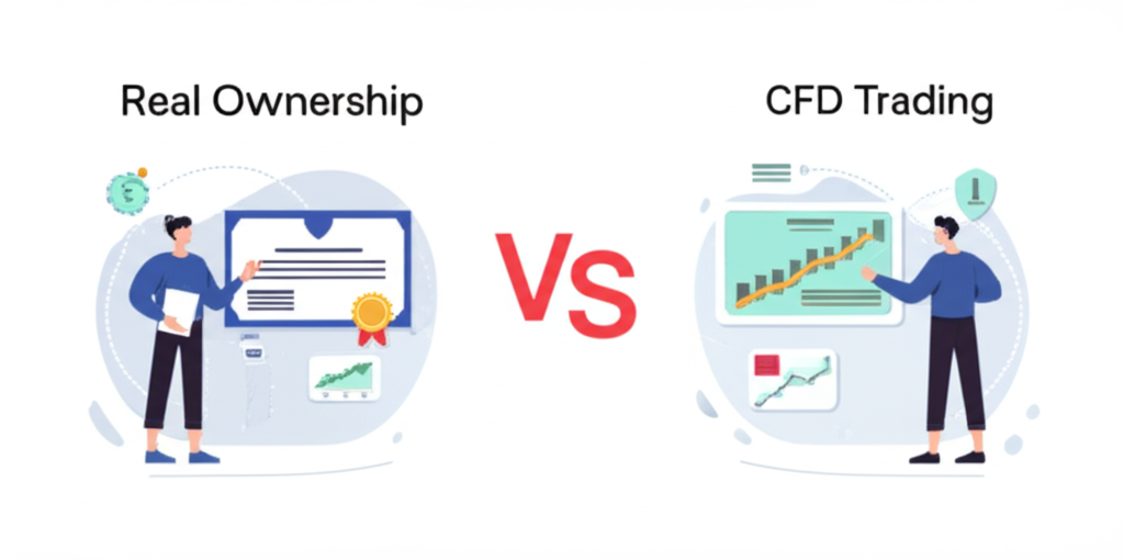ภาพเปรียบเทียบการเป็นเจ้าของหุ้นจริงกับการเทรด CFD แสดงบุคคลถือใบรับรองหุ้นเทียบกับบุคคลถือกราฟเสมือน