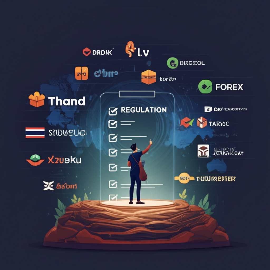 illustration of a Thai trader navigating various forex broker logos and a checklist highlighting regulation safety and platform features for 2025 selection
