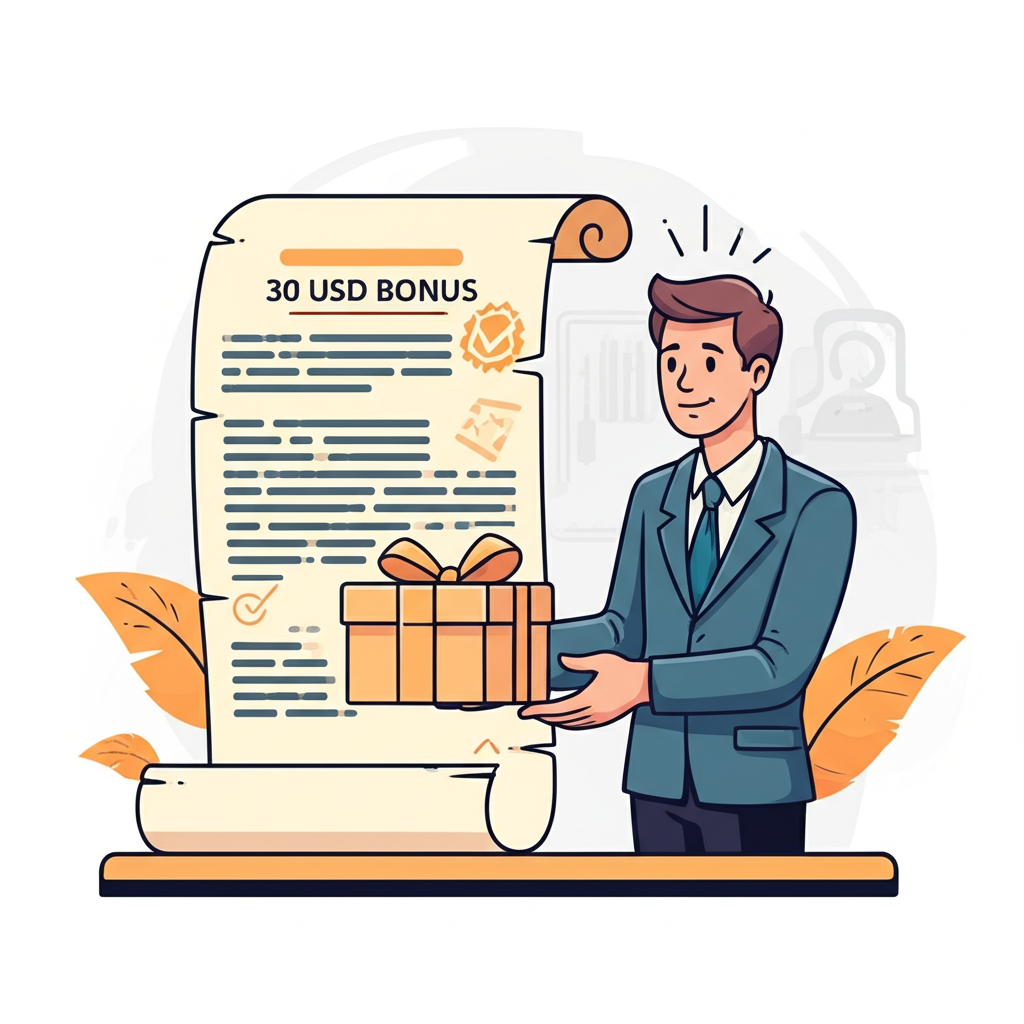 ภาพประกอบของโบรกเกอร์ที่กำลังมอบกล่องของขวัญขนาดเล็กติดป้าย 30 USD Bonus ให้กับเทรดเดอร์ใหม่ พร้อมม้วนเอกสารเงื่อนไขที่ซับซ้อนใกล้ๆ
