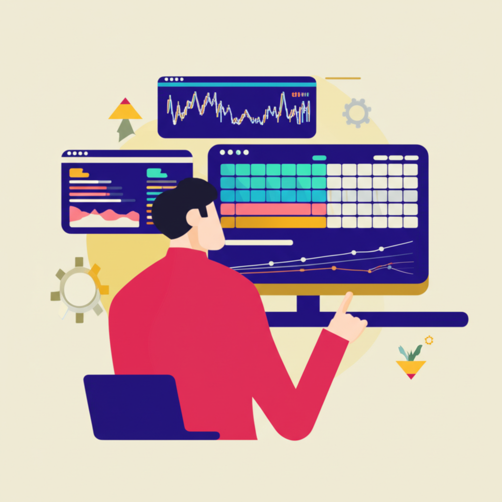 ภาพประกอบของเทรดเดอร์ไทยกำลังดูหน้าจอคอมพิวเตอร์ที่มีชาร์ตฟอเร็กซ์และปฏิทินเศรษฐกิจแสดงเหตุการณ์ระดับโลก