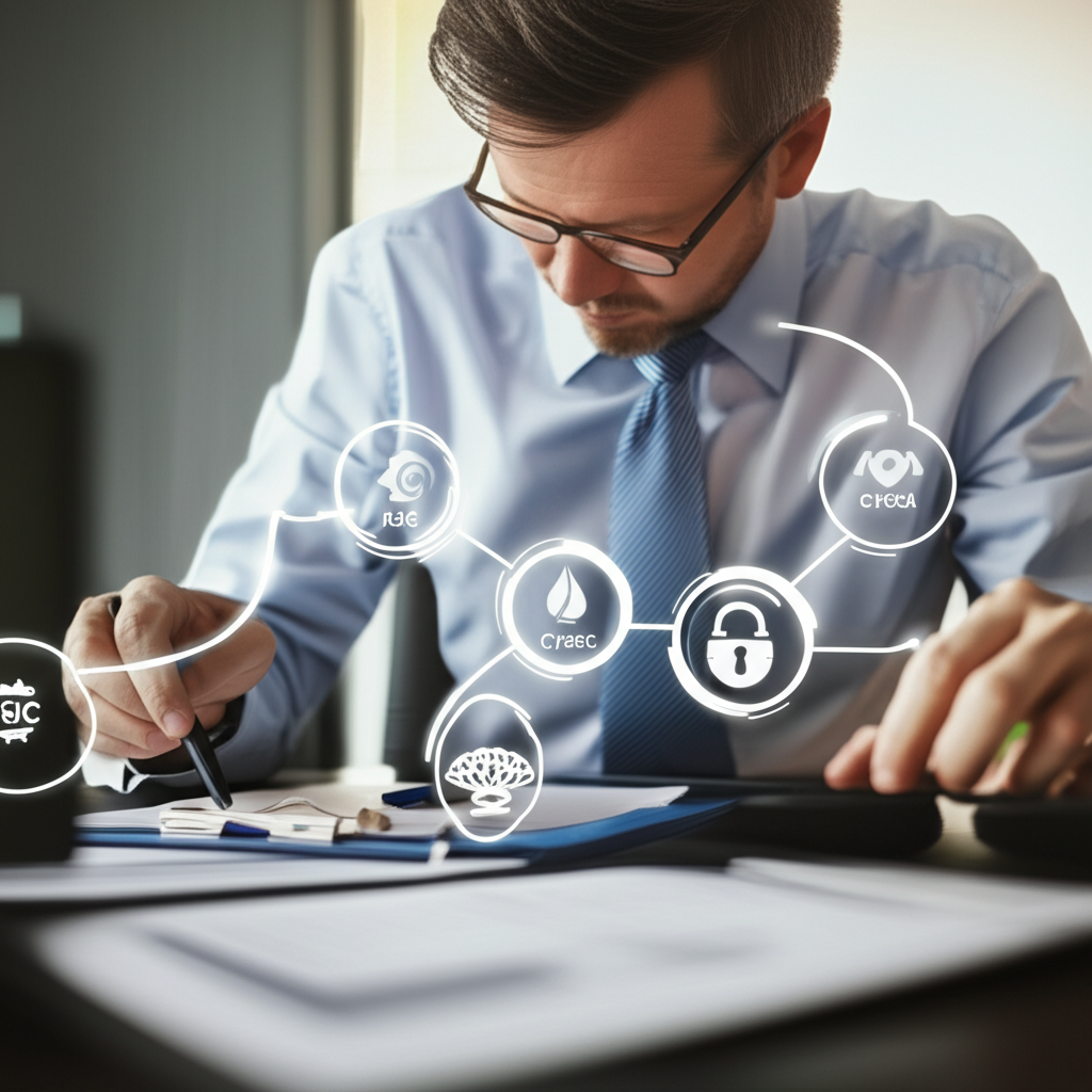 illustration of a professional examining documents with global regulatory logos like asic fca cysec a secure padlock icon nearby