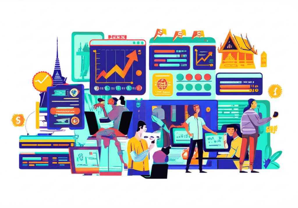 illustration of a bustling digital forex market in Thailand with diverse traders and charts showing growth and opportunity