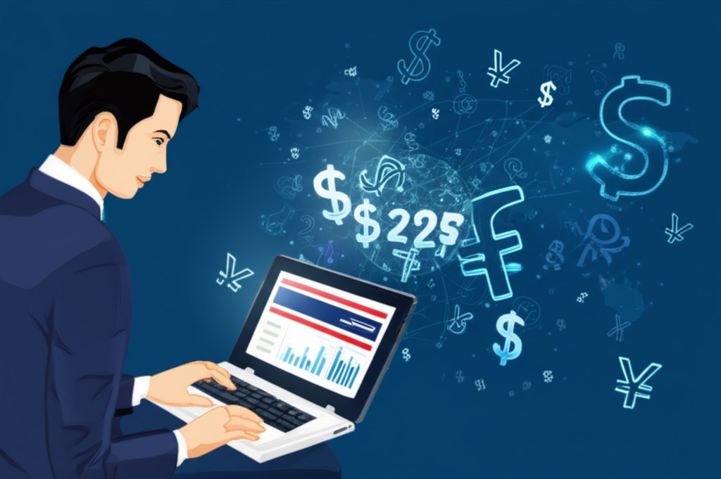 illustration a Thai trader confidently analyzing charts on a laptop with global currency symbols floating around representing the forex market safety and profit in 2025
