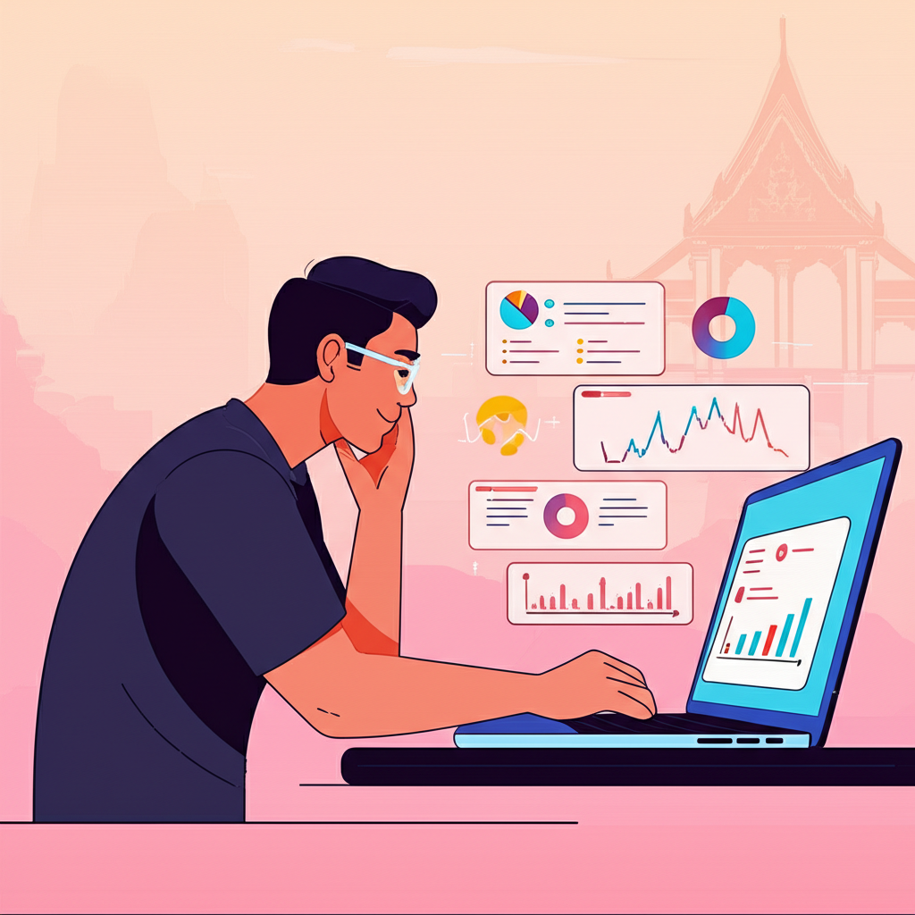 Thai trader exploring Forex market opportunities in 2025 illustration style