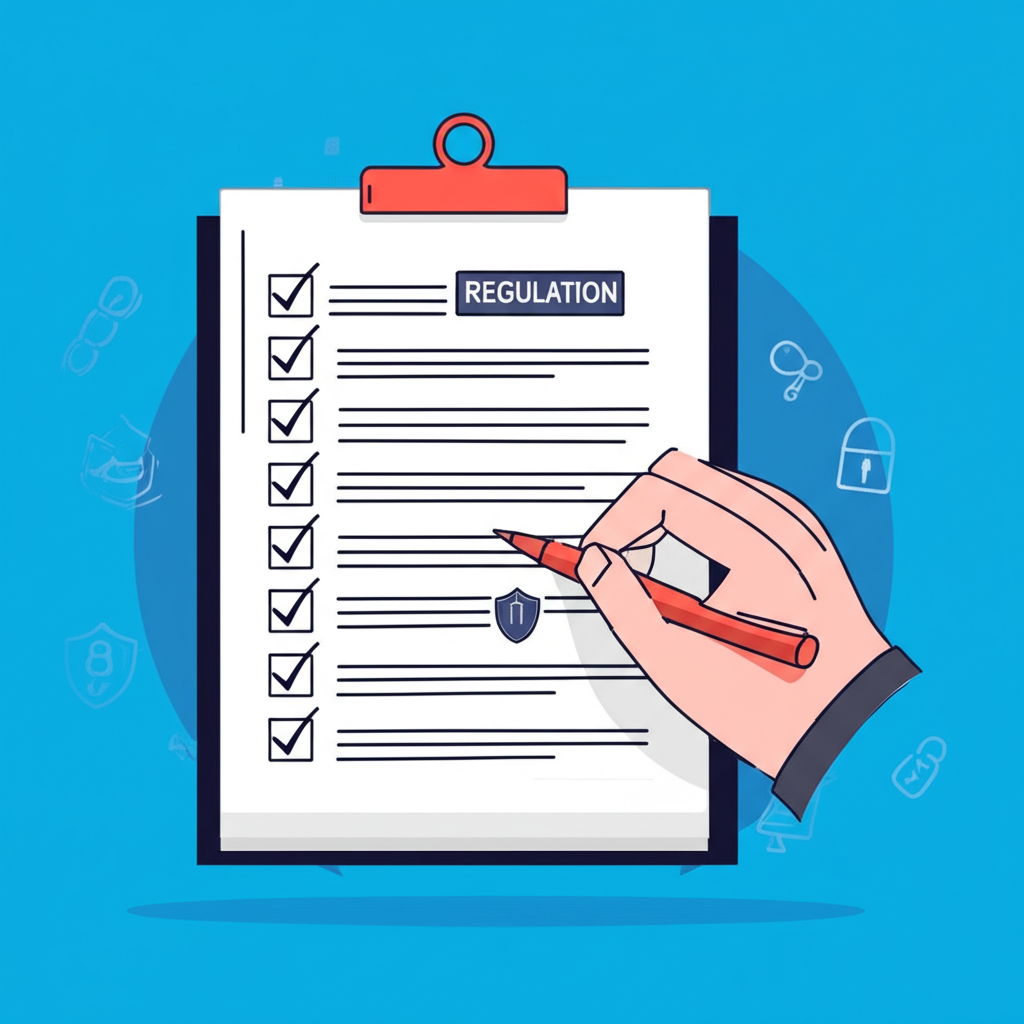illustration of a person reviewing a checklist of forex broker selection criteria with icons for regulation and security