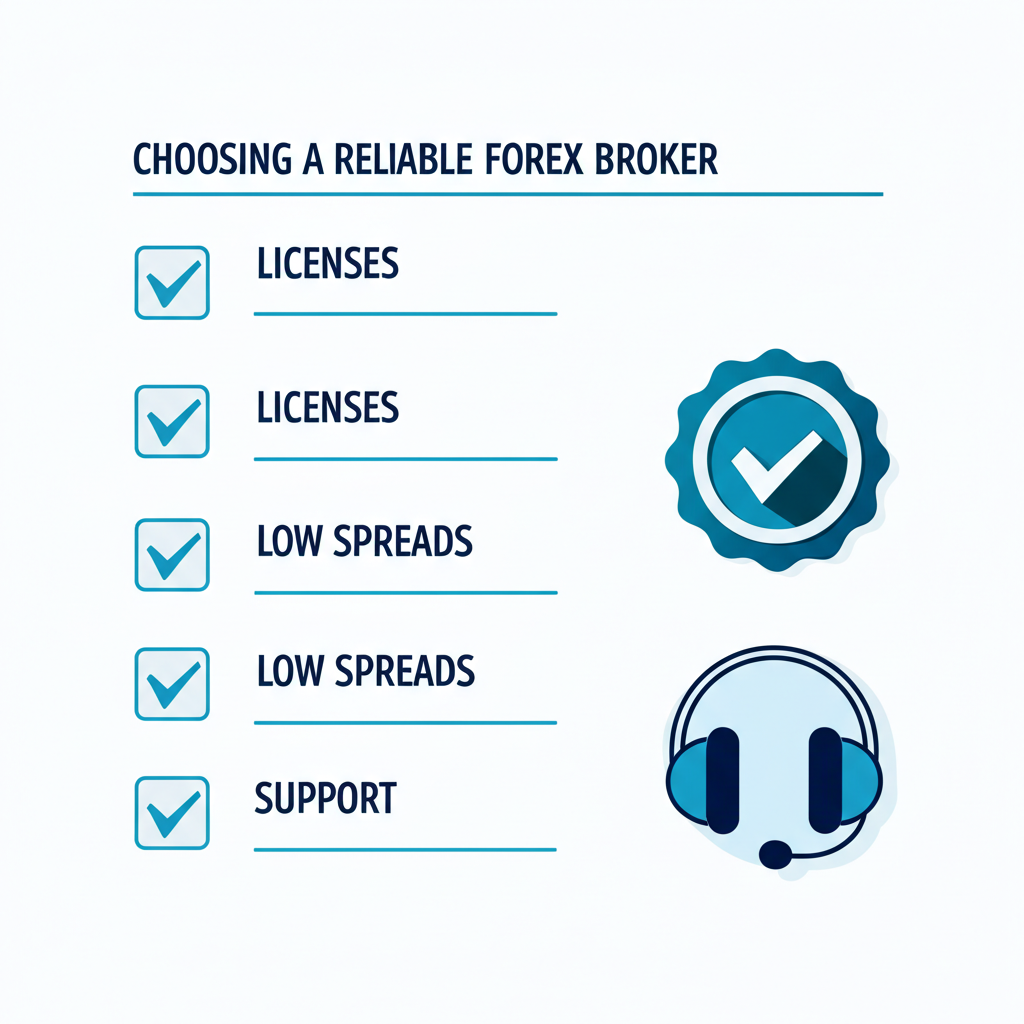 Illustration of a checklist showing key factors for choosing a reliable Forex broker including licenses low spreads and support