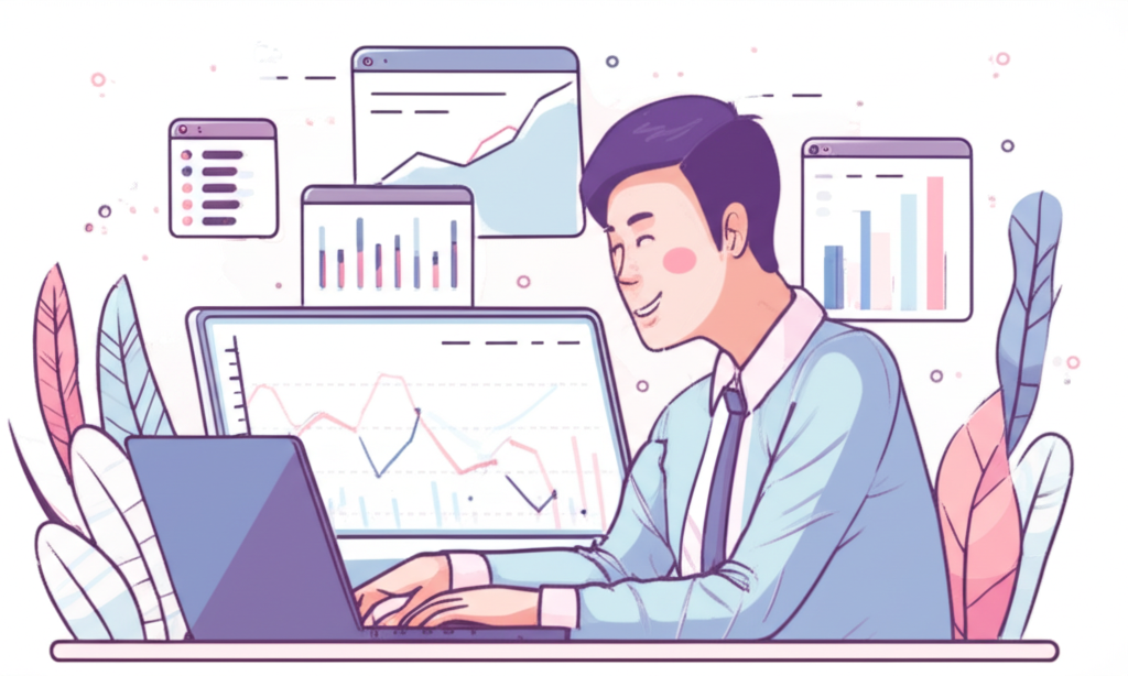 illustration of a Thai person confidently trading forex on a laptop with charts and graphs in the background