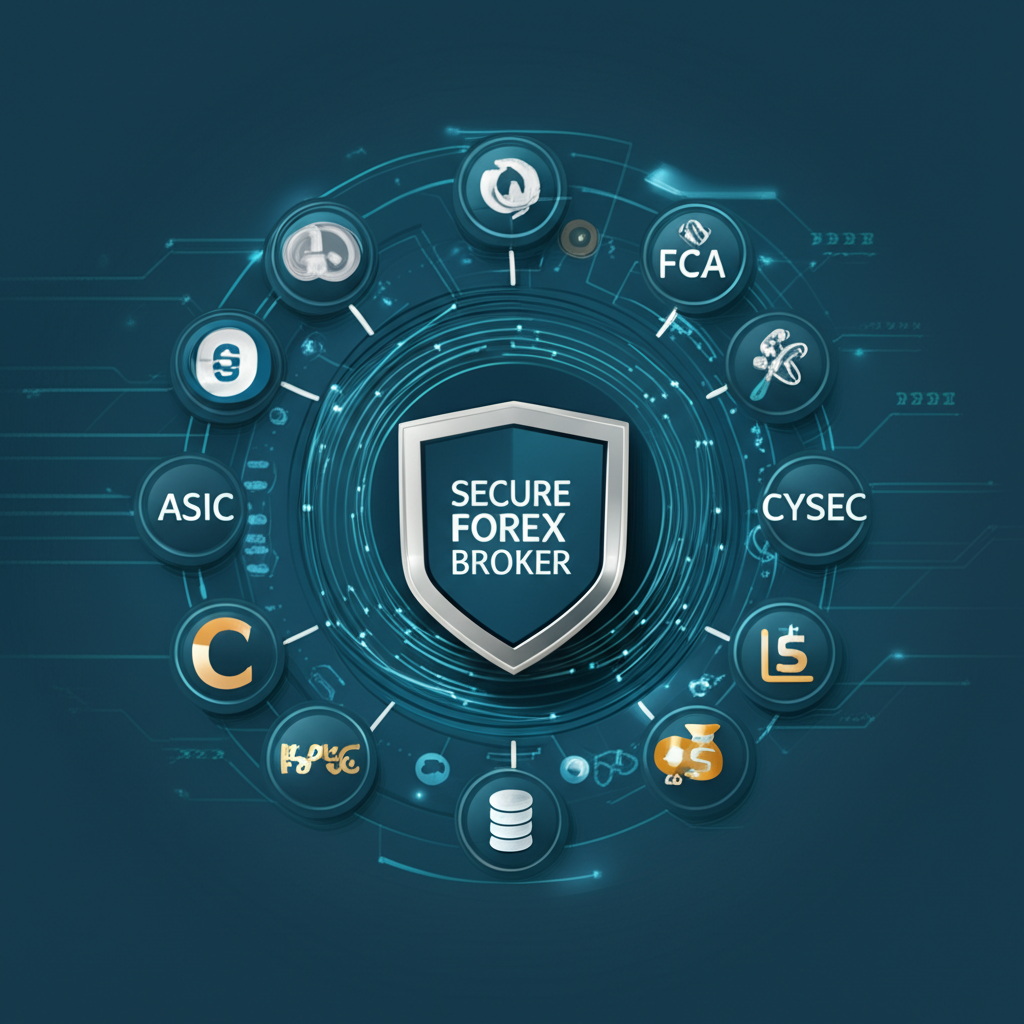 ภาพประกอบโลโก้หน่วยงานกำกับดูแล เช่น ASIC FCA CySEC ล้อมรอบแพลตฟอร์มโบรกเกอร์ Forex ที่มั่นคงและปลอดภัย