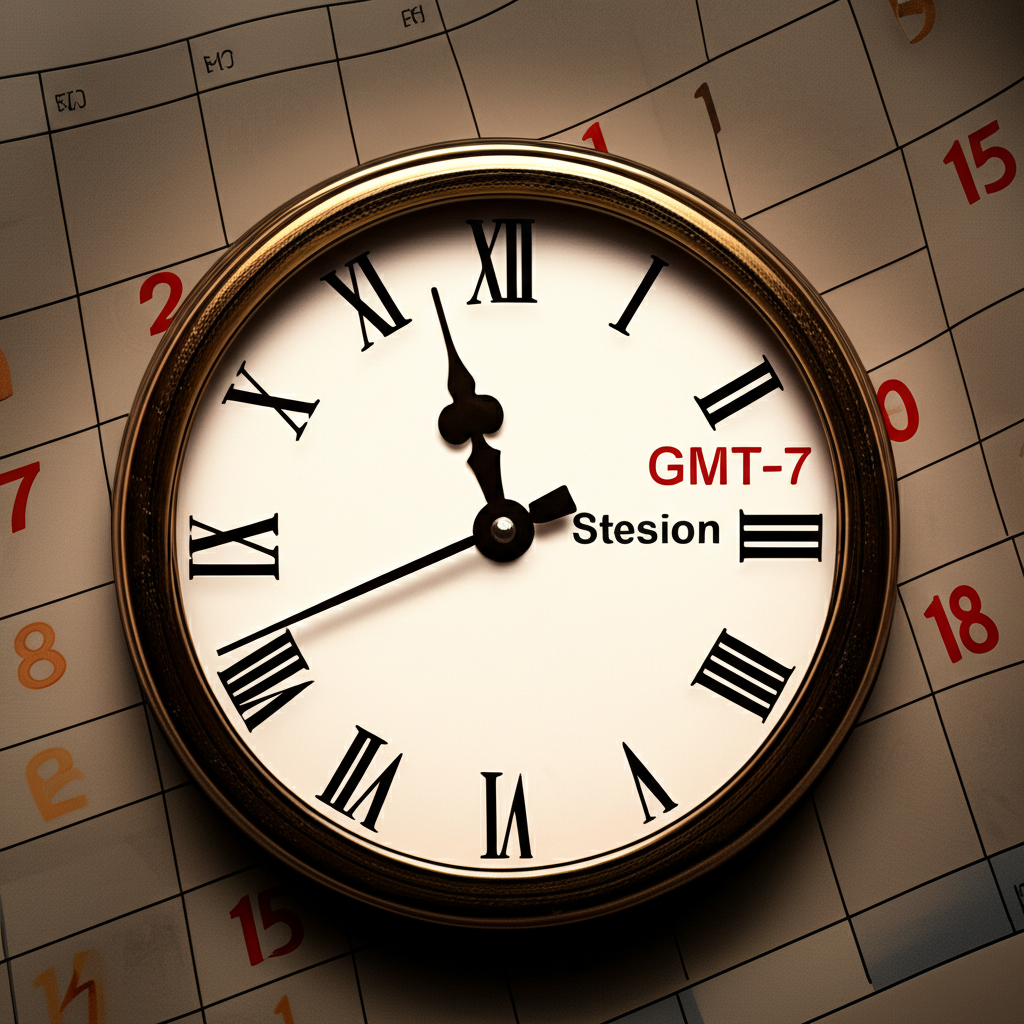 ภาพประกอบปฏิทินที่มีวันที่เด่นชัดและนาฬิกาแสดง GMT+7 สำหรับเวลาการเทรดฟอเร็กซ์