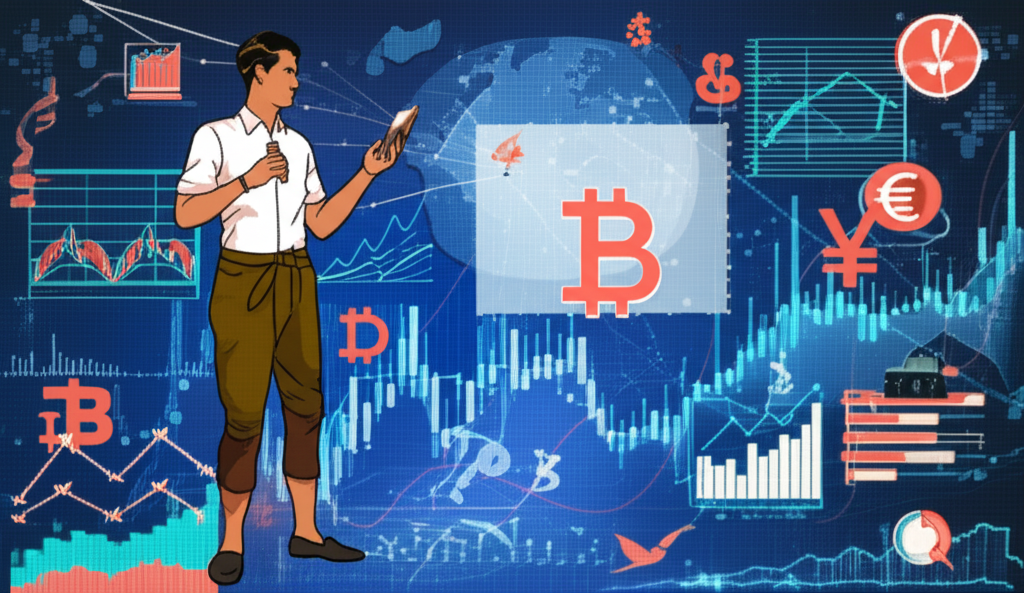 Illustration of a Thai trader confidently navigating a complex global financial market with digital charts and currency symbols
