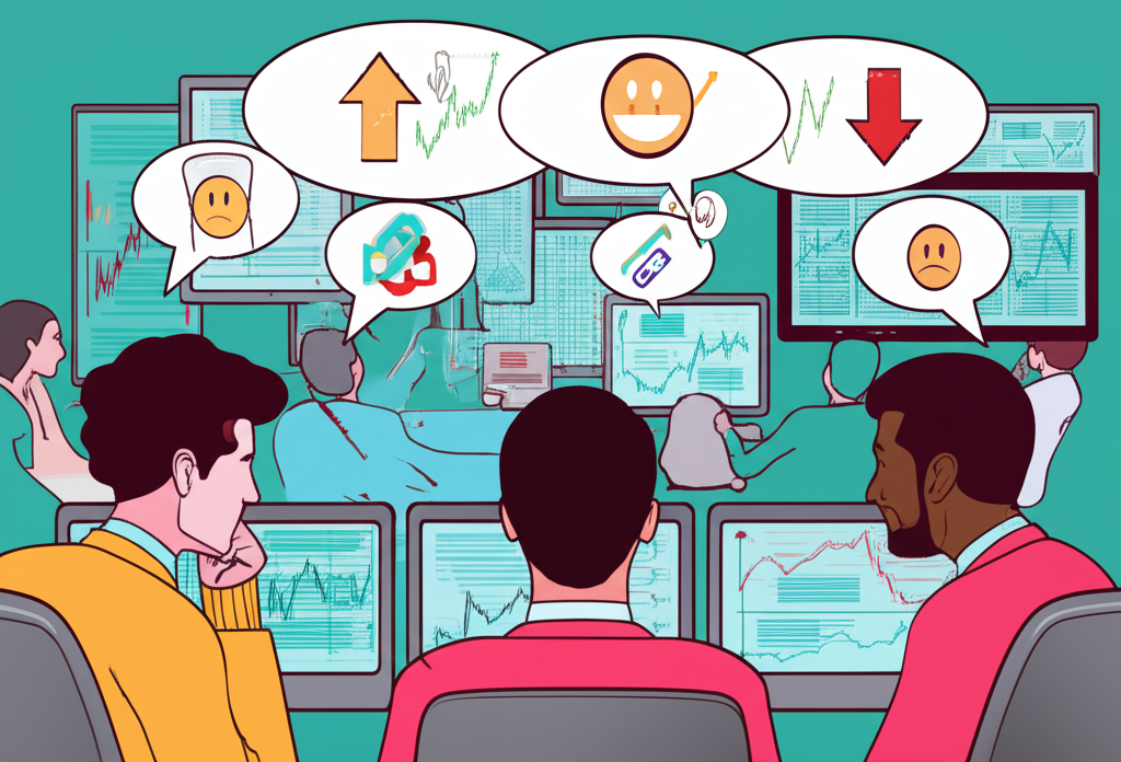 illustration diverse traders analyzing charts thought bubbles showing bullish bearish market psychology