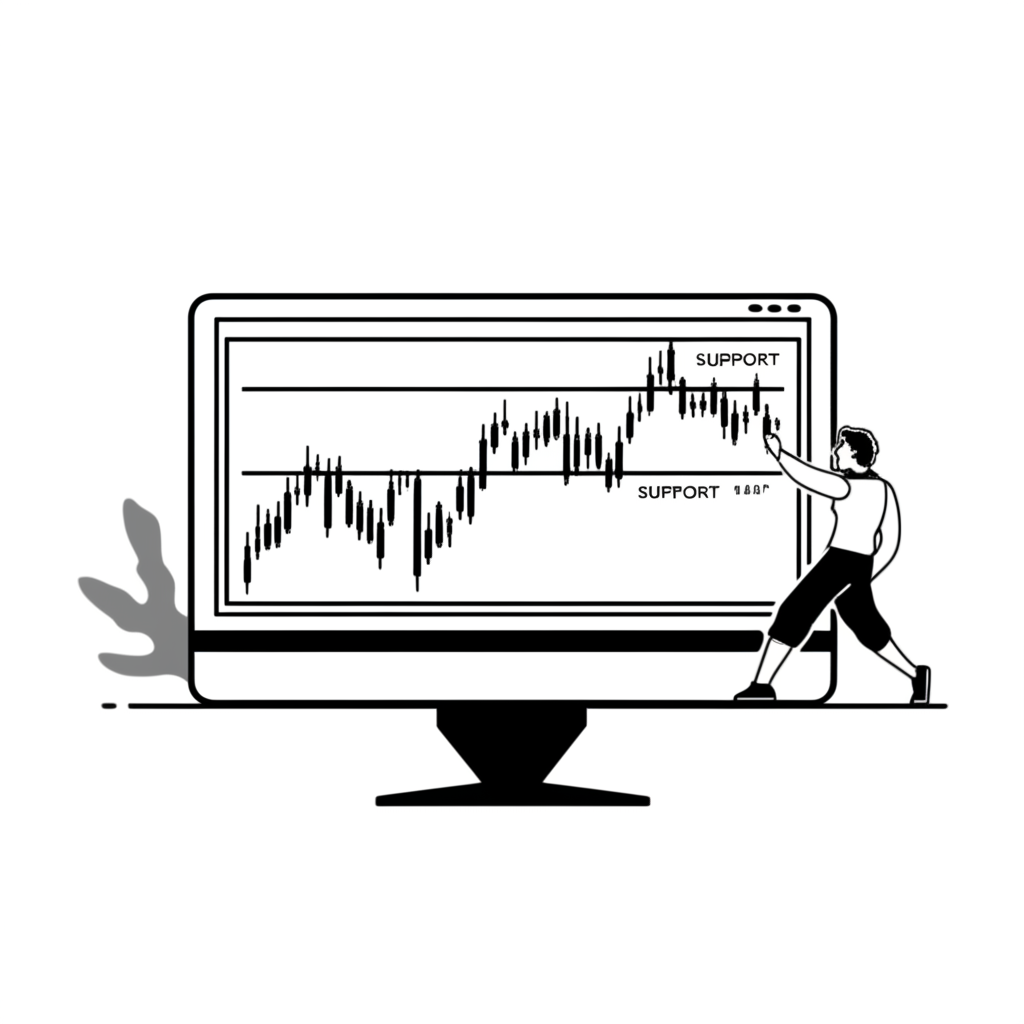 ภาพประกอบบุคคลกำลังวิเคราะห์กราฟแท่งเทียนบนหน้าจอคอมพิวเตอร์พร้อมเส้นแนวโน้ม แนวรับ และแนวต้าน