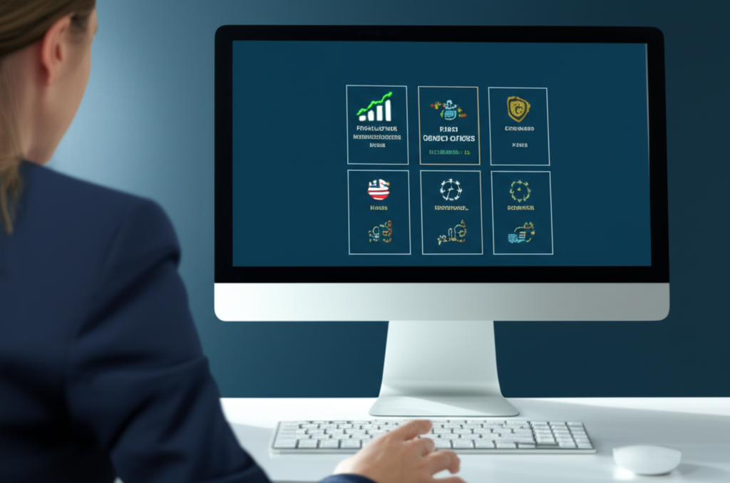 A person carefully comparing forex broker options on a screen with icons for regulation fees platforms illustration