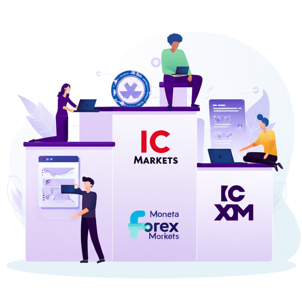 ภาพประกอบของโลโก้โบรกเกอร์ Forex สามราย Moneta Markets IC Markets XM บนแท่นรับรางวัล พร้อมเทรดเดอร์ไทยที่กำลังตัดสินใจอย่างชาญฉลาด