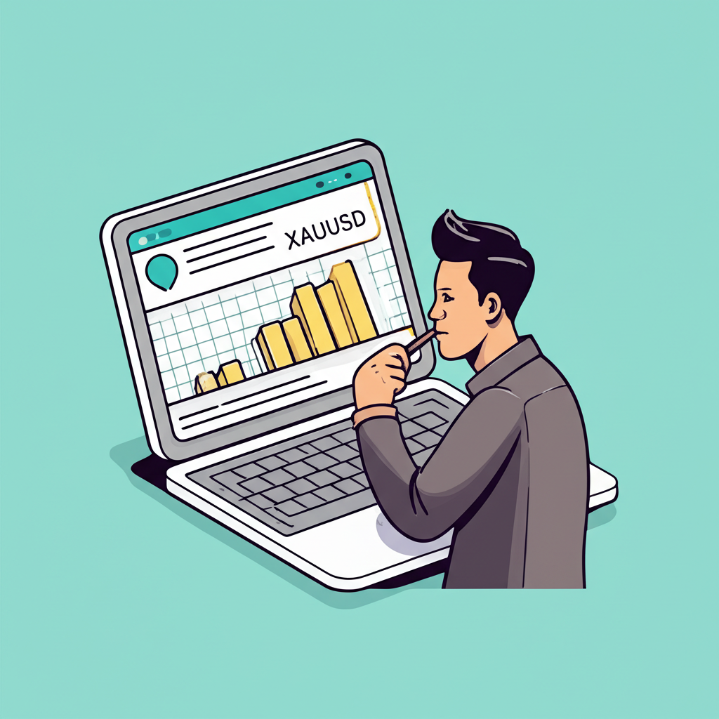 illustration Thai trader studying market chart golden bar graph representing XAUUSD sentiment strategic thinking