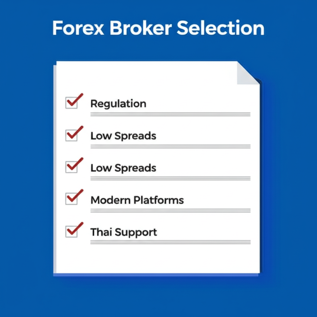 illustration of a checklist for forex broker selection showing regulation low spreads modern platforms and thai support